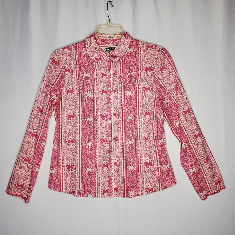 Route 66 Vtg Western Button Shirt Womens Large Pink Coastal Cowgirl Velvet‎ Trim